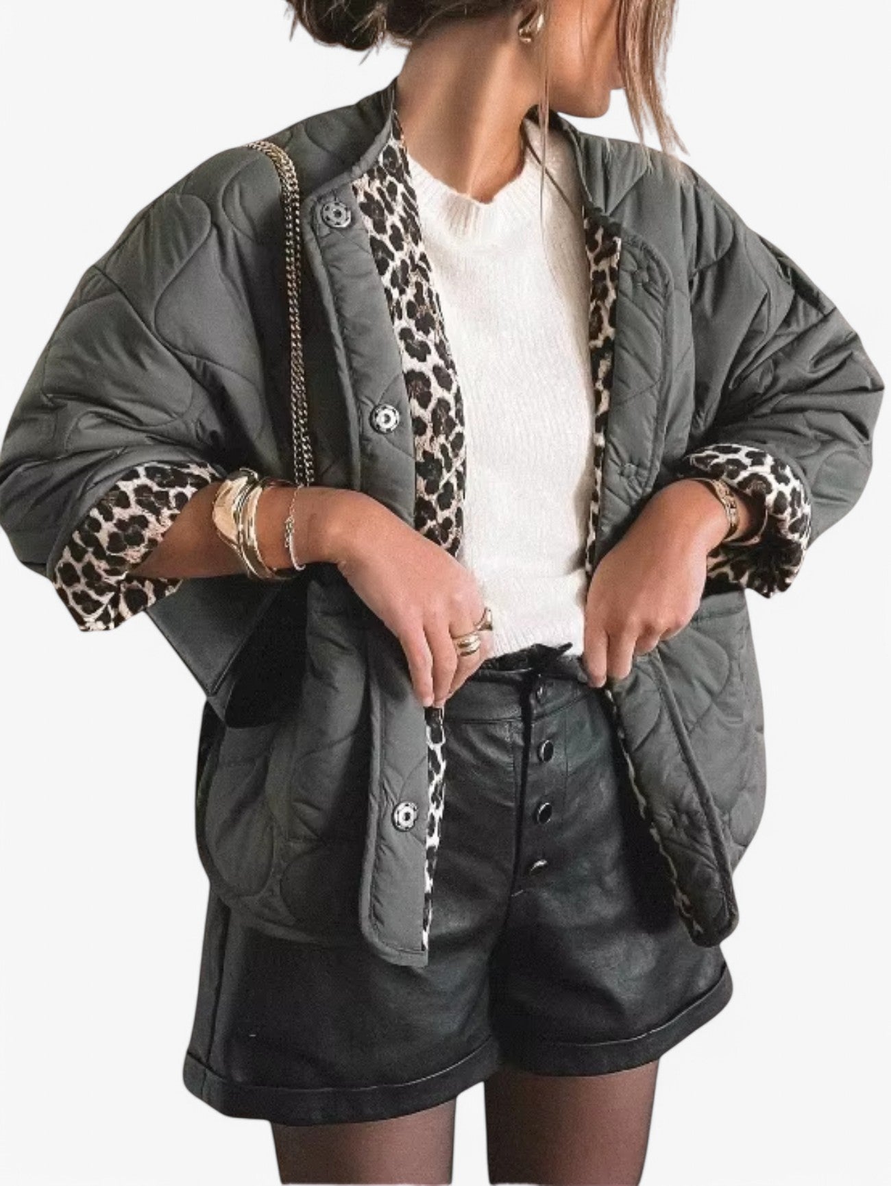 Jada | Women’s Quilted Lightweight Puffer Jacket Lined Coat with Leopard Print Sleeve Detail