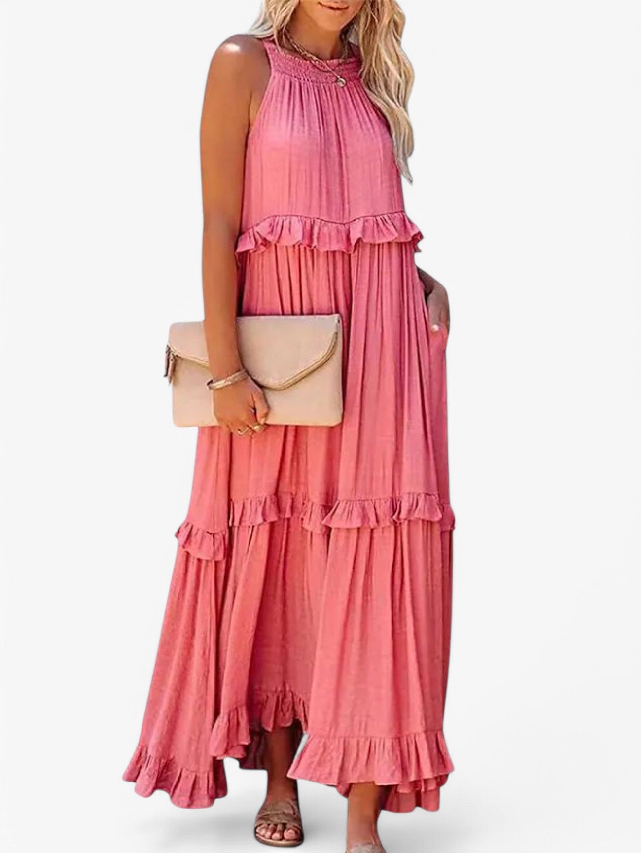 Jada | Women's Sleeveless Halter Neck Pleated Summer Maxi Dress