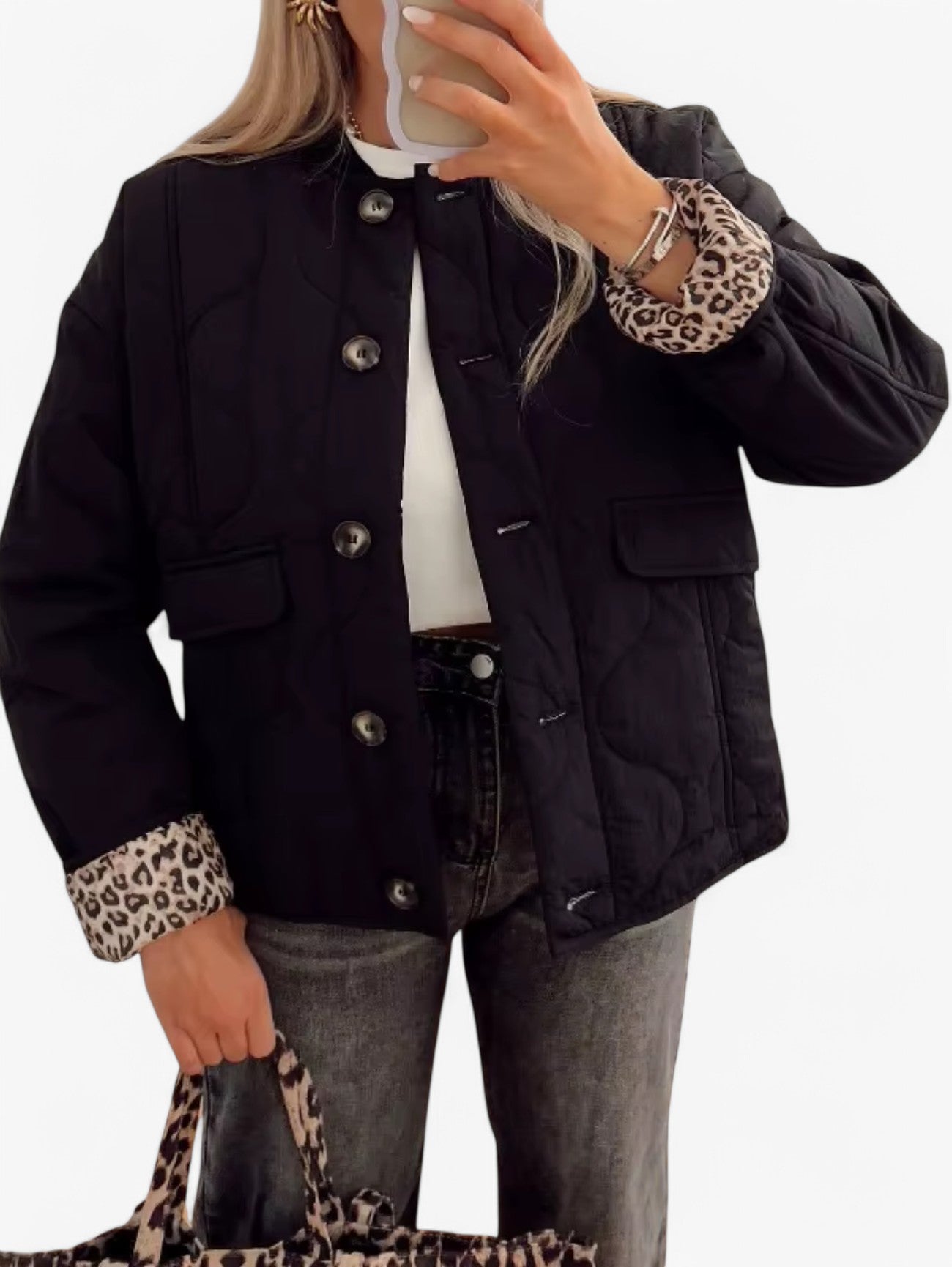 Jada | Women’s Quilted  Puffer Jacket Lined Coat with Leopard Print Sleeve Detail
