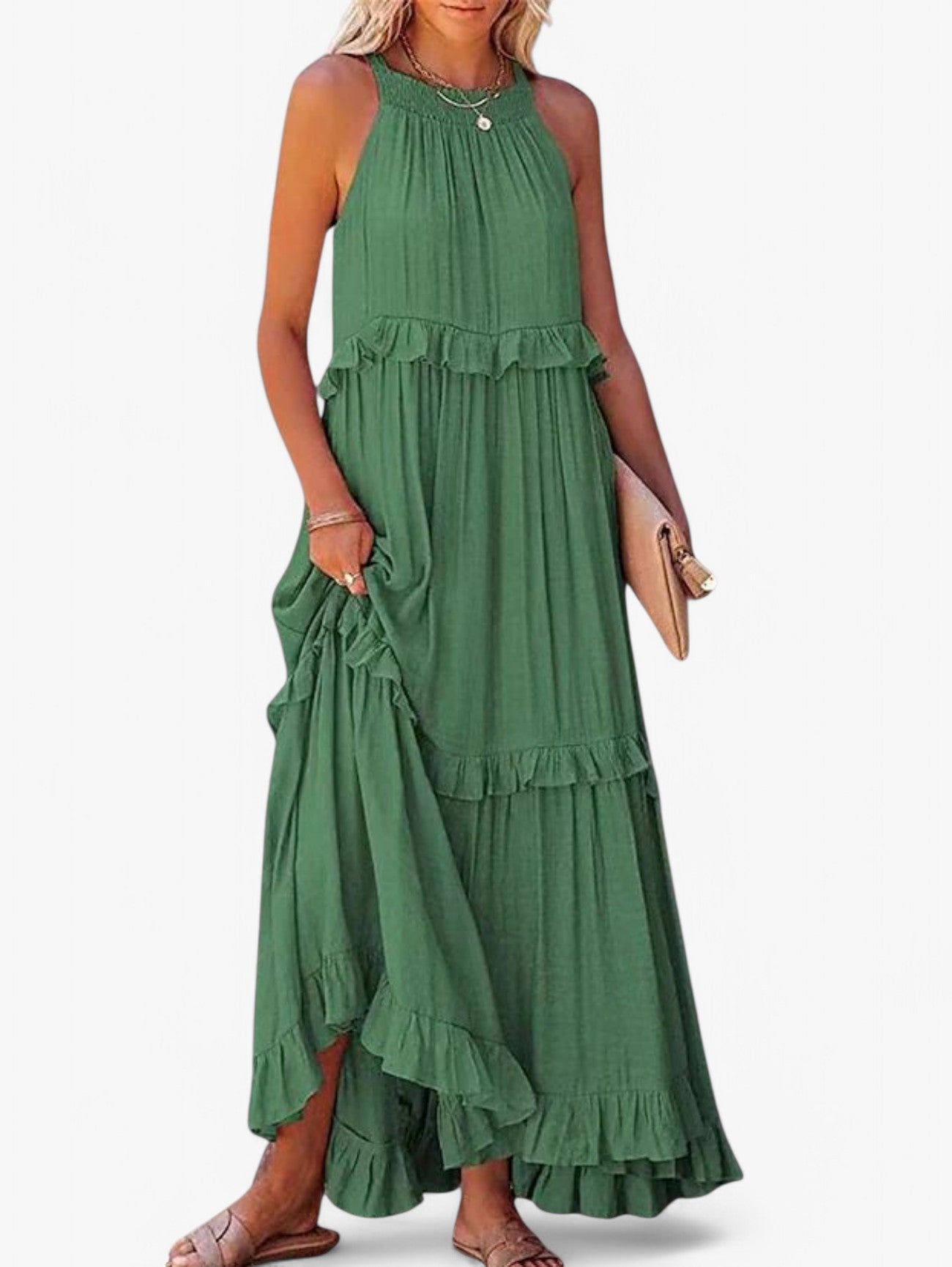 Jada | Women's Sleeveless Halter Neck Pleated Summer Maxi Dress