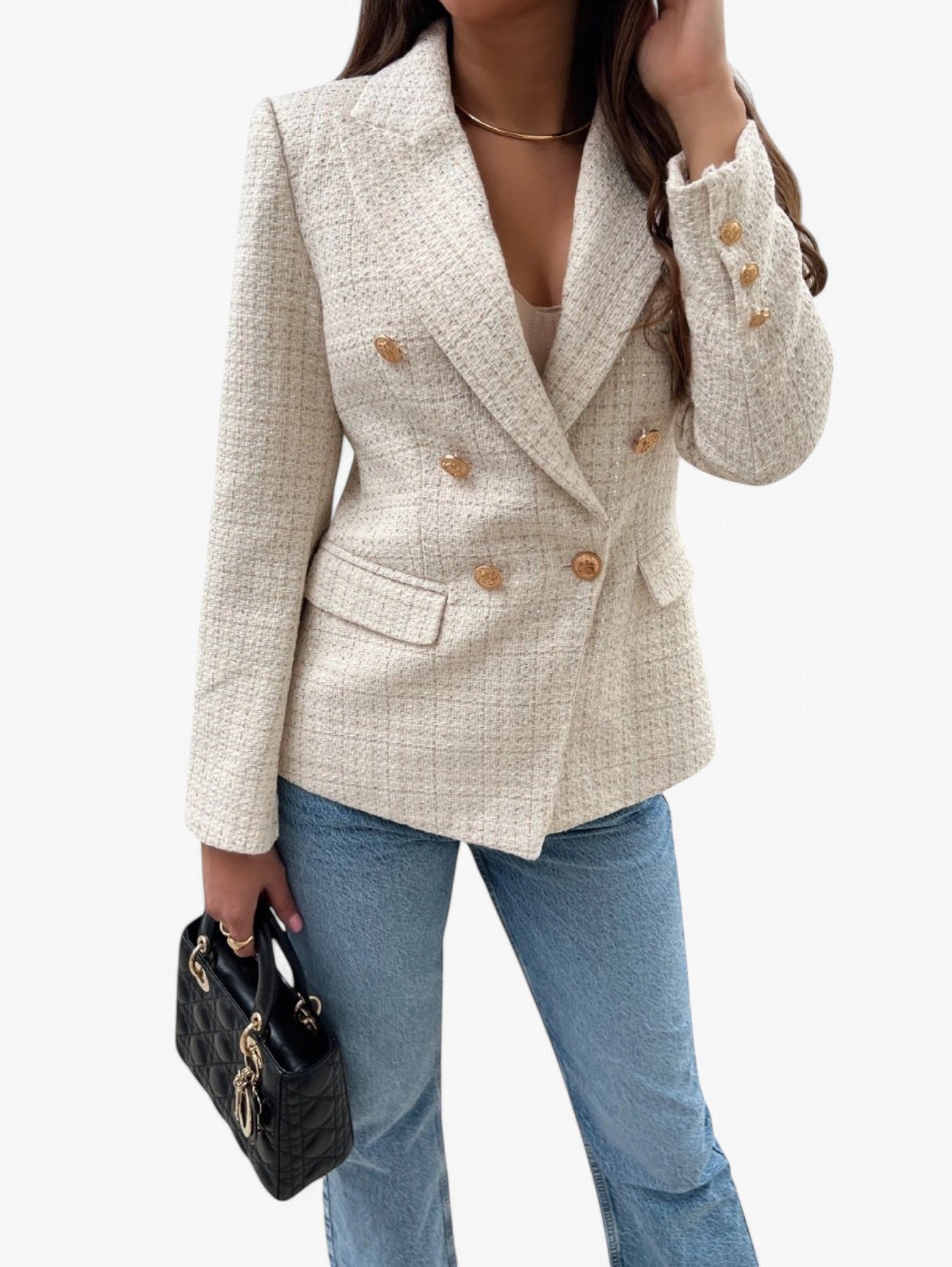 Jada | Women's Elegant Textured Tweed Fitted Blazer Jacket with Gold Buttons
