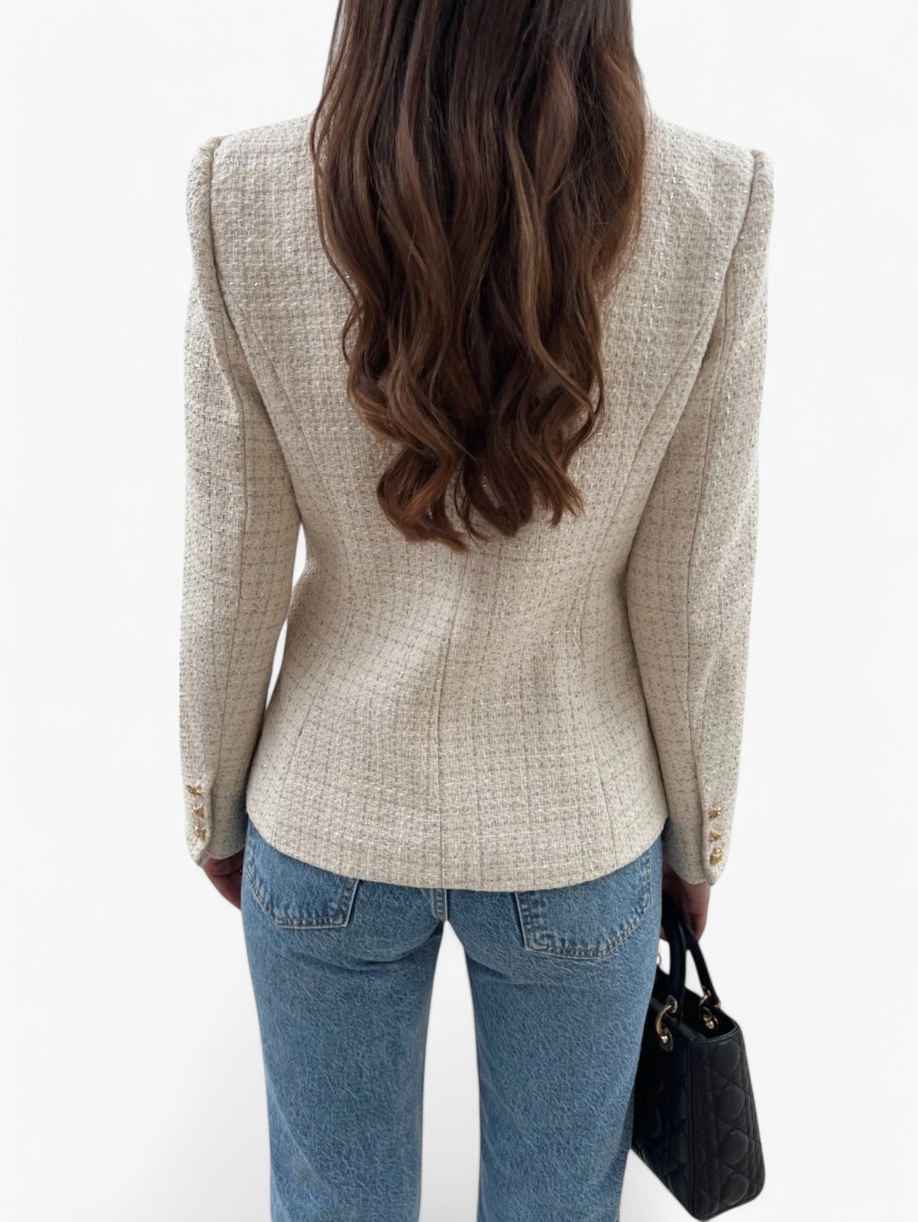 Jada | Women's Elegant Textured Tweed Fitted Blazer Jacket with Gold Buttons