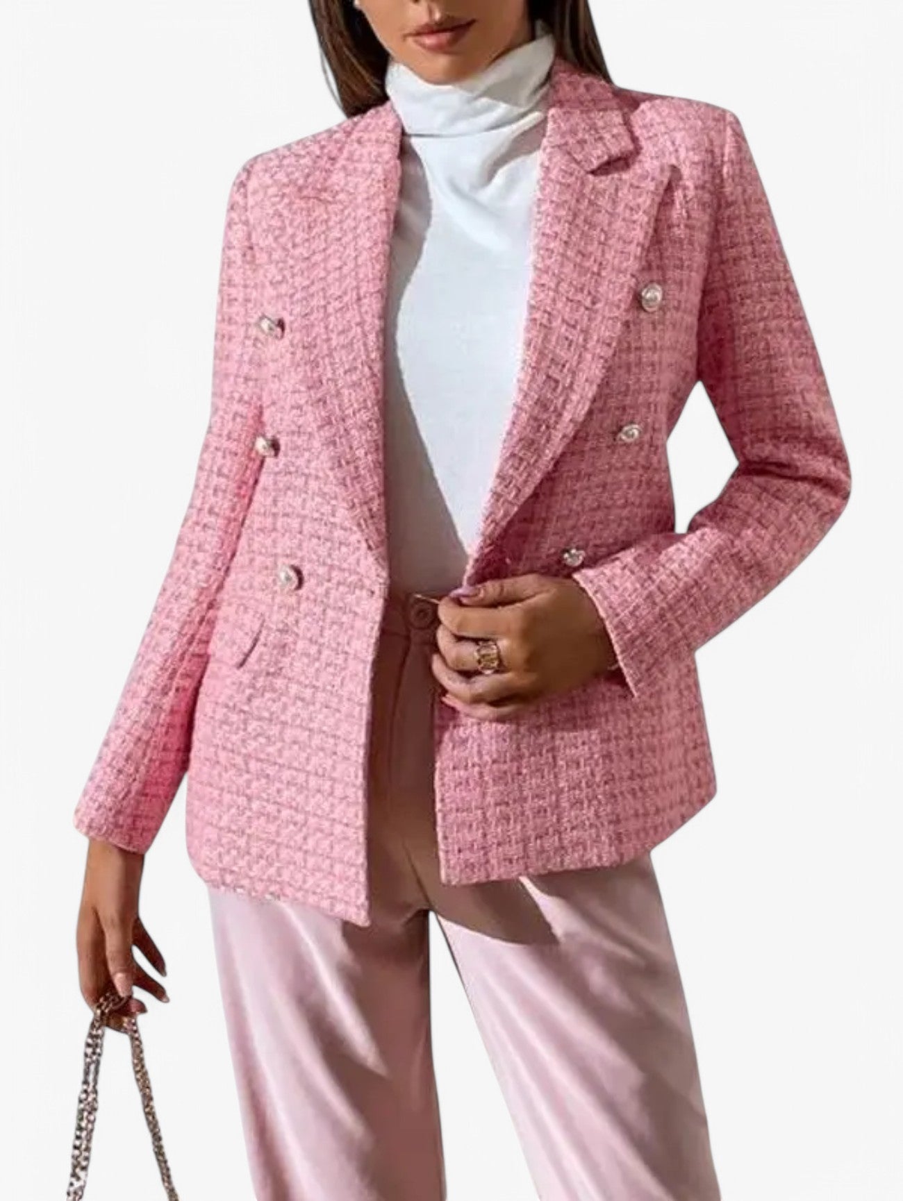 Jada | Women's Elegant Textured Tweed Fitted Blazer Jacket with Gold Buttons