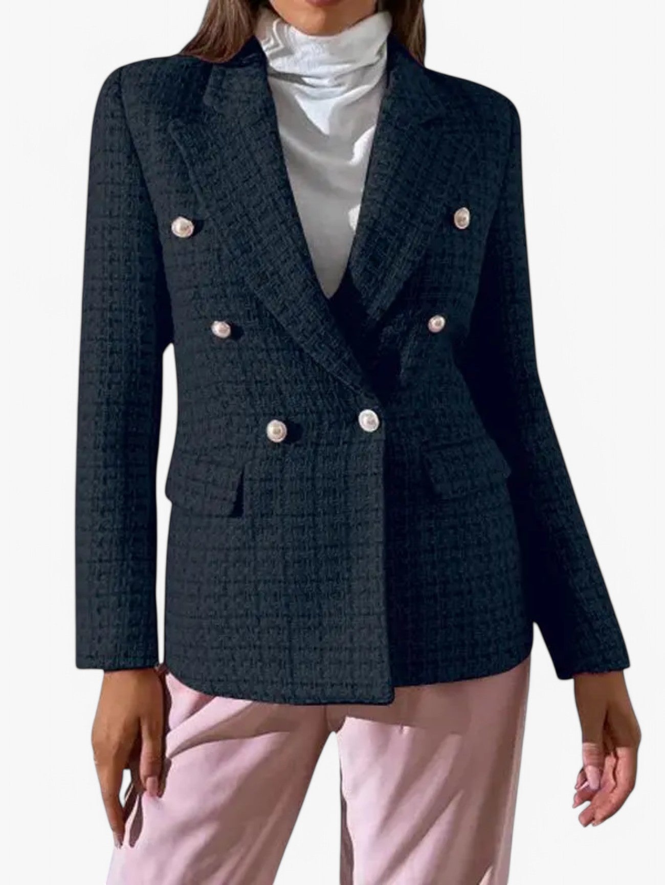 Jada | Women's Elegant Textured Tweed Fitted Blazer Jacket with Gold Buttons