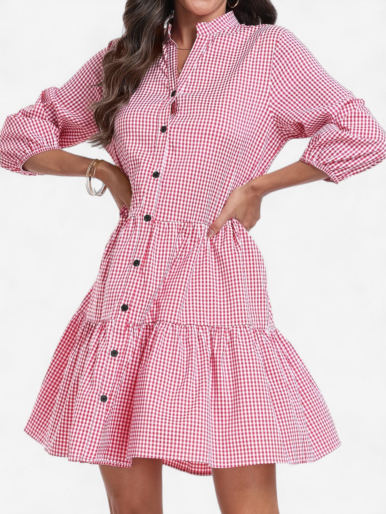 Jada | Women's 3/4 Sleeve Gingham Button Down Shirt Dress