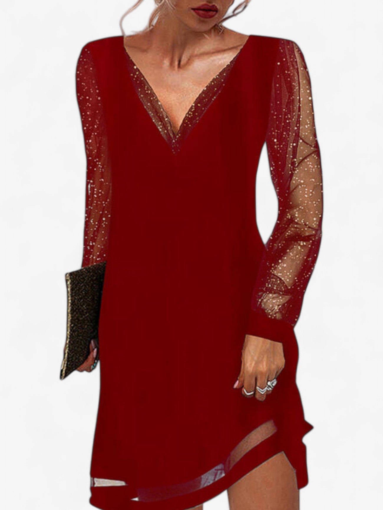 Jada | Women’s V Neck Glitter Evening Party Dress Long Sleeve