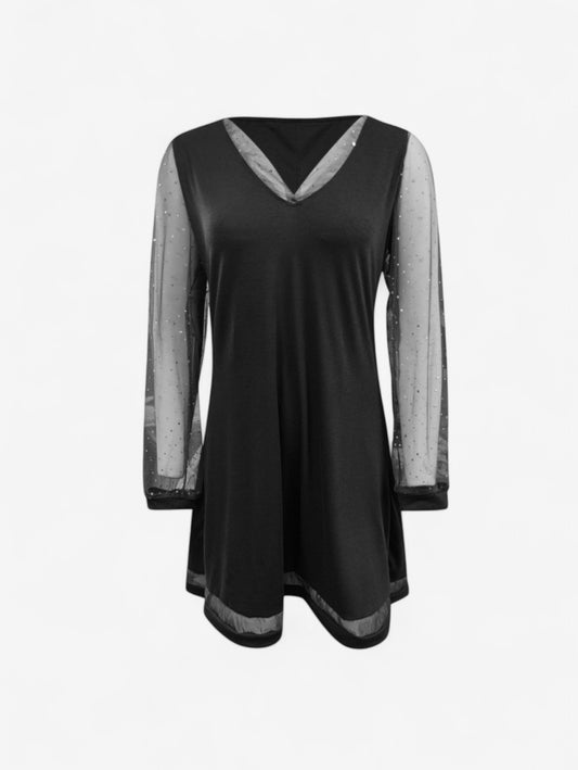 Jada | Women’s V Neck Glitter Evening Party Dress Long Sleeve