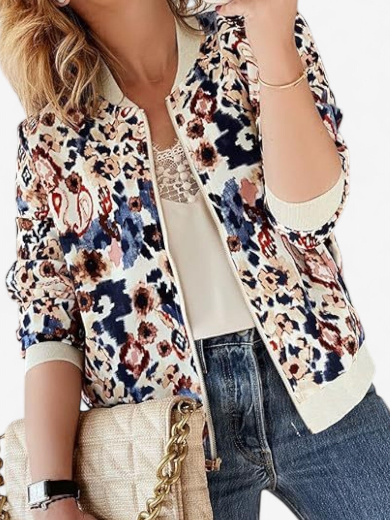 Jada | Women's Floral Zip Up Bomber Jacket Long Sleeve