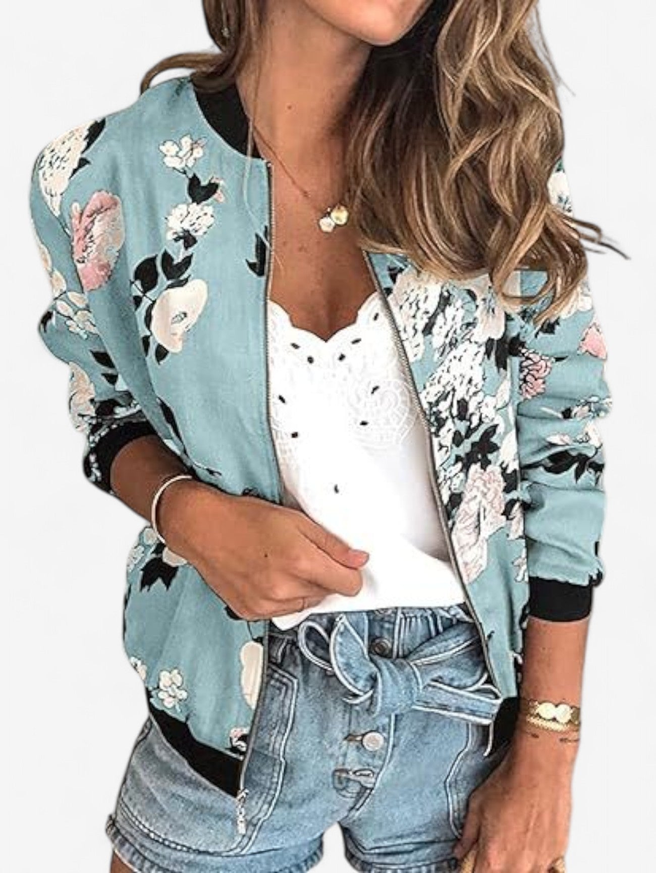 Jada | Women's Floral Zip Up Bomber Jacket Long Sleeve